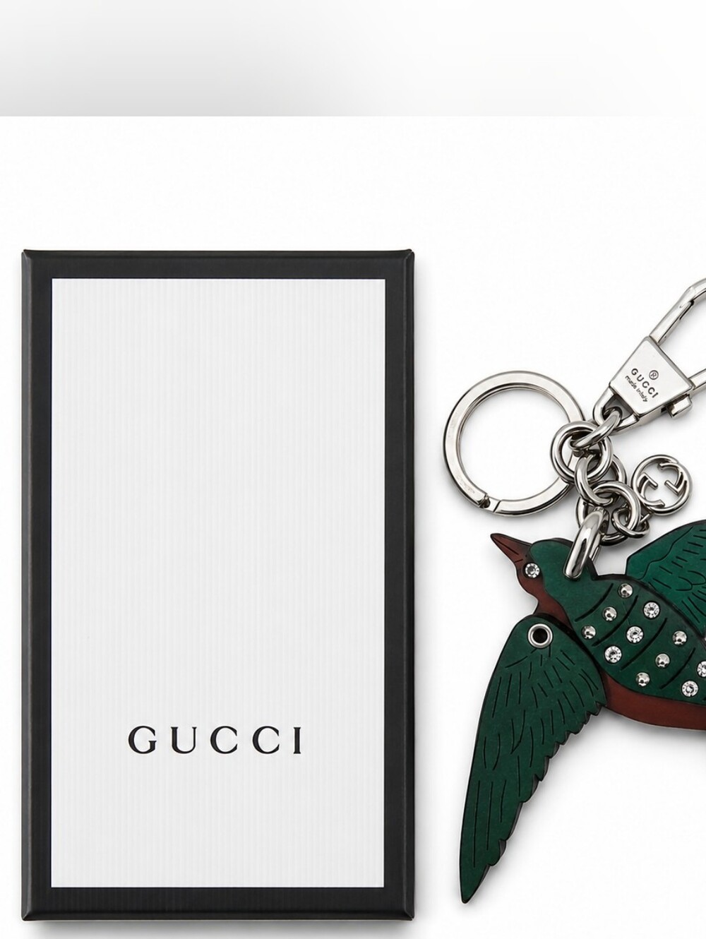 Gucci Green and Brown Crystal Bird Wooden Charm Or Key Ring
